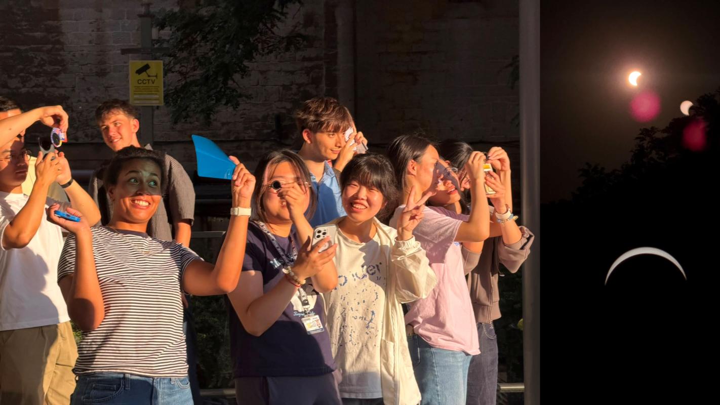 montage of eclipse viewers and solar eclipse